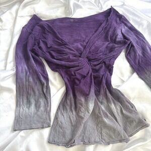 Purple Grey Ombre Twist Front Long Sleeve Top V-Neck Dip Dye Blouse Womens